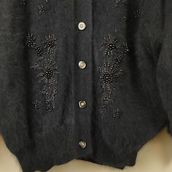Belldini Black Angora Blend Floral Beaded Cardigan Sweater Retro Vintage - Picture 7 of 14